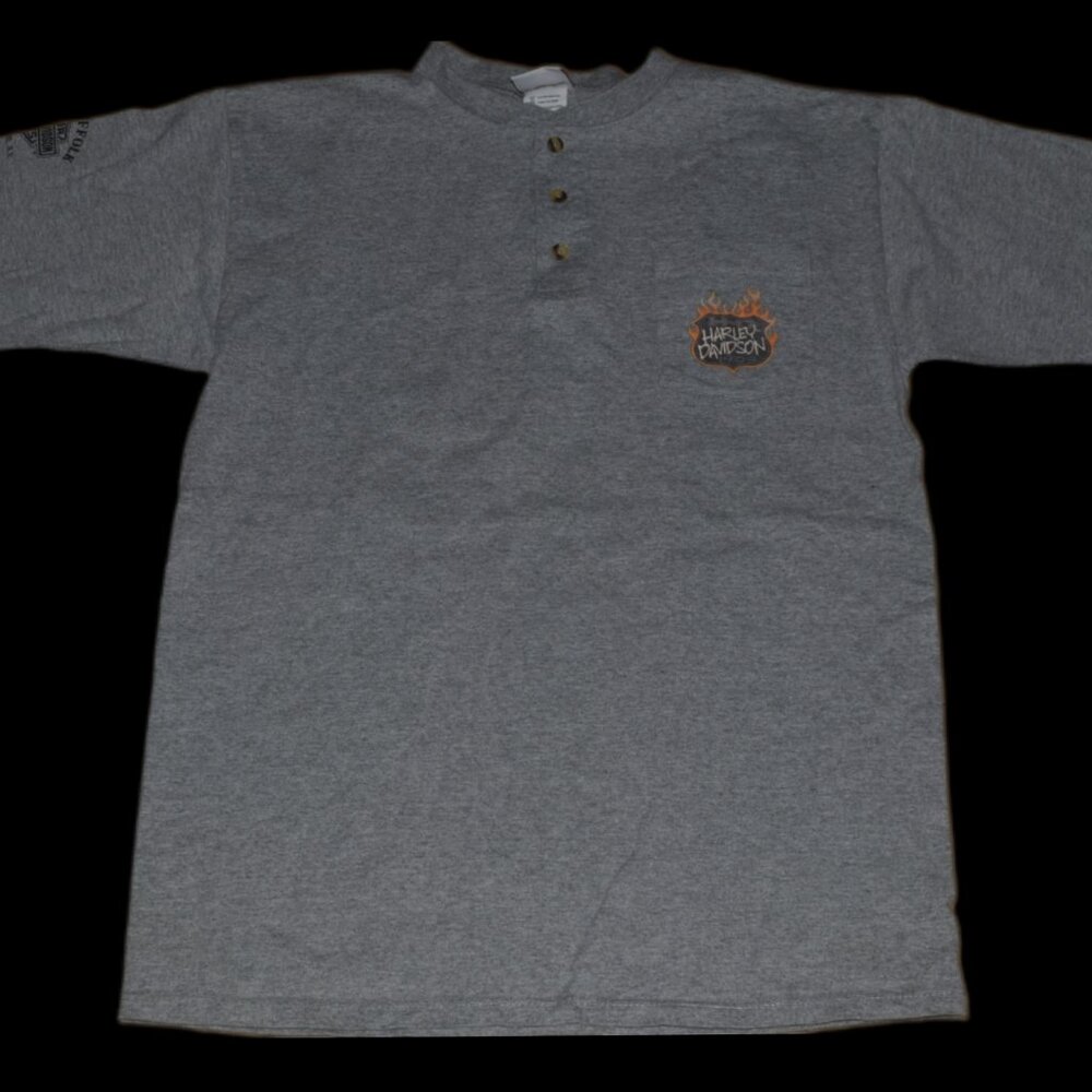 A Harley Davison T-shirt with buttons at the neck